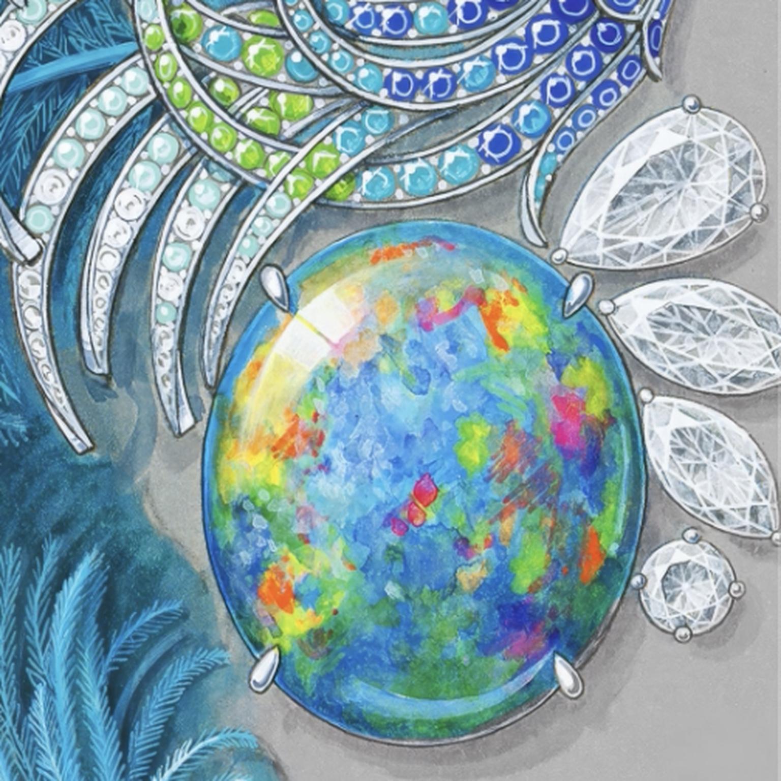 Gouache rendering of the Paon d’opale brooch by Hélène and Jeanne Karpov