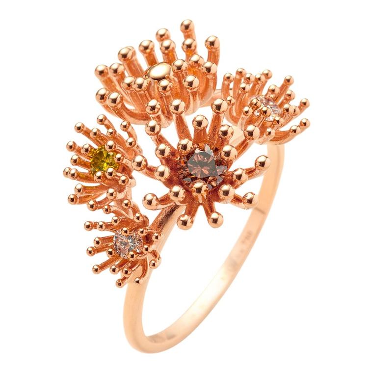 Mellerio Bague Le Petit Cactus Vanille 5 motifs en or rose et diamants de couleur 1