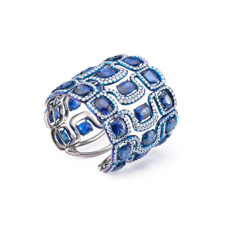 Glenn Spiro blued titanium diamond and sapphire cuff