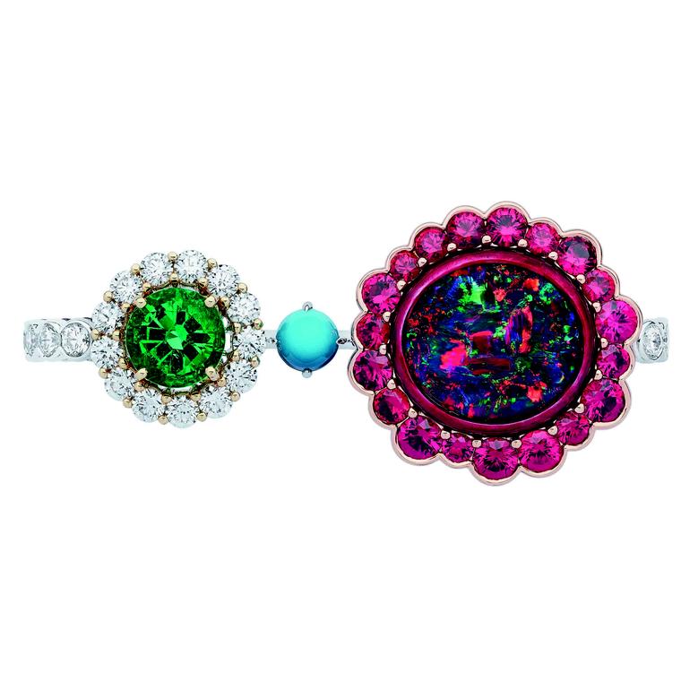 Dior et Moi double ring with red spinels and opal