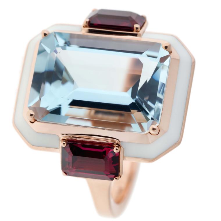 Aquamarine and Rhodolites cocktail ring from Selim Mouzannar