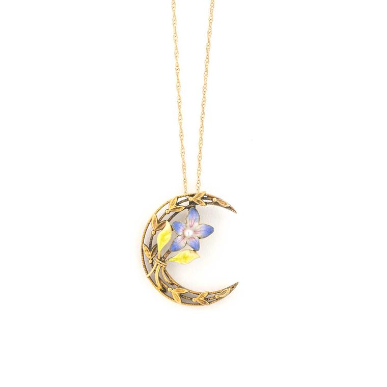 Trademark Antiques Honeymoon crescent and enamel violet necklace pendant in gold