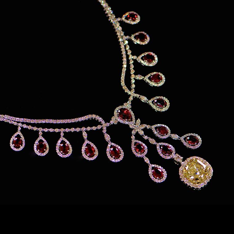 Johnathon Arndt burmese ruby yellow diamondHeartbeat necklace