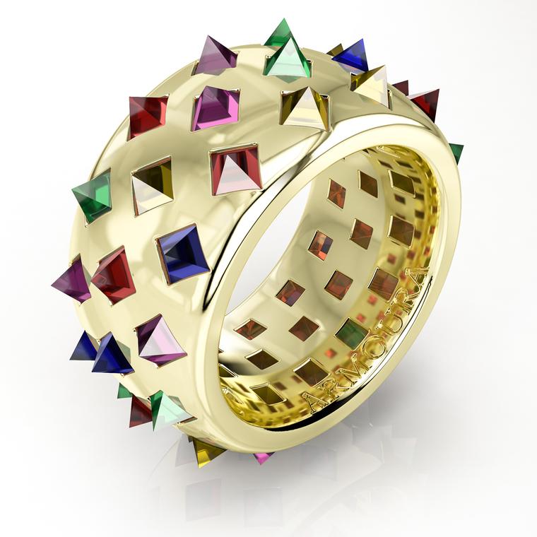 Fibonacci gold ring with coloured gemstones