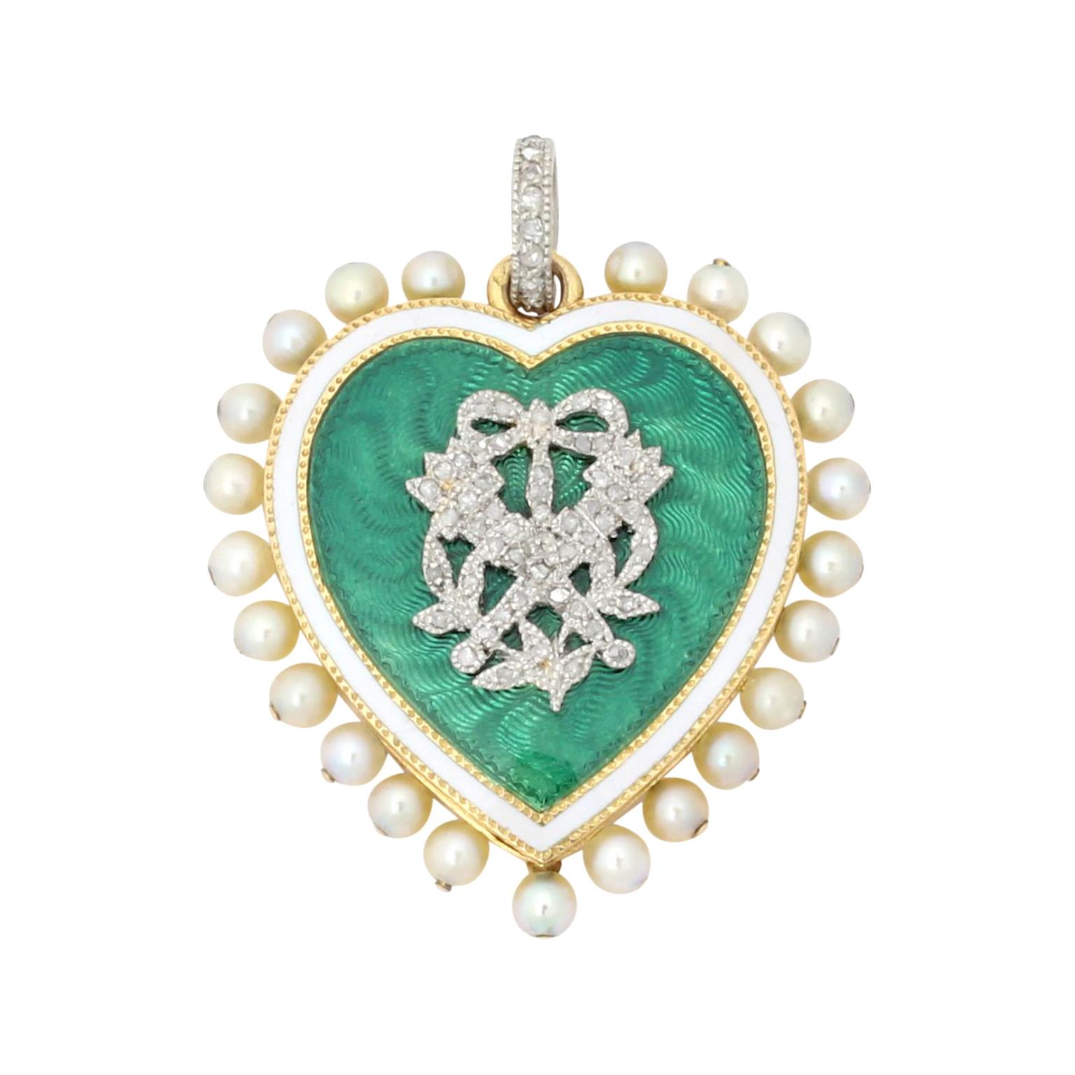 ED Marshall Cartier yellow gold green guilloche enamel heart pendant