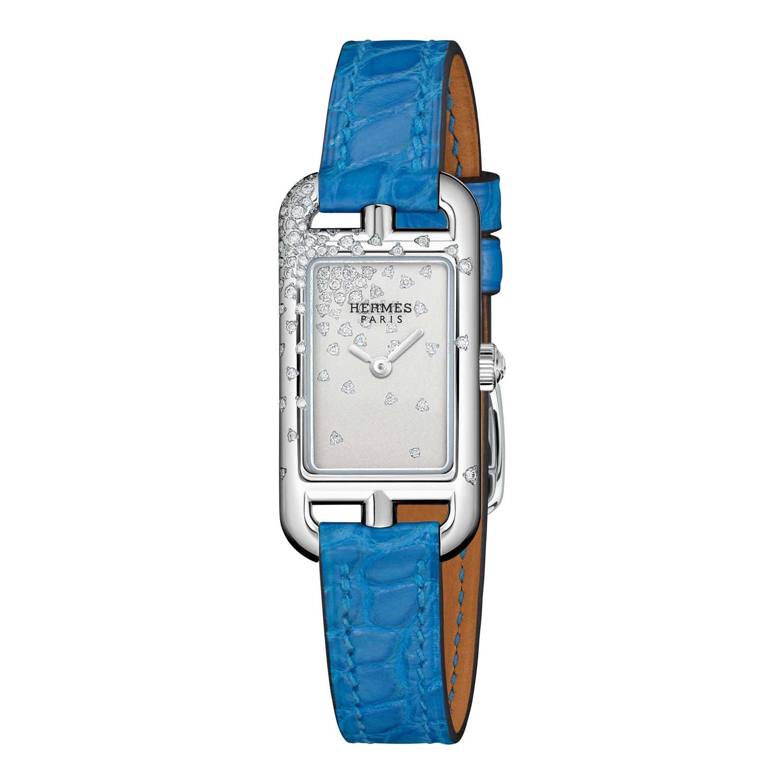 Hermes Nantucket Jete de diamants watch with blue alligator leather strap