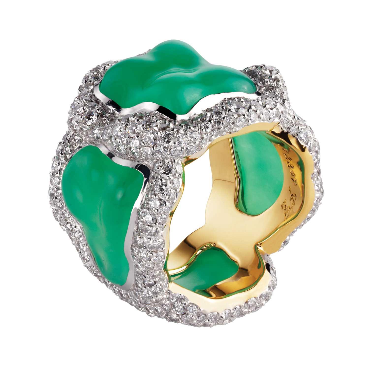 Fabergé Katya chrysoprase ring in white and yellow gold with diamonds