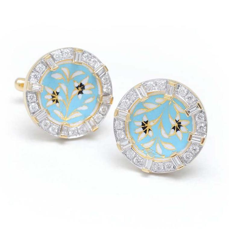 Diamond cufflinks with pastel blue and white floral enamel by designer Farah Khan.