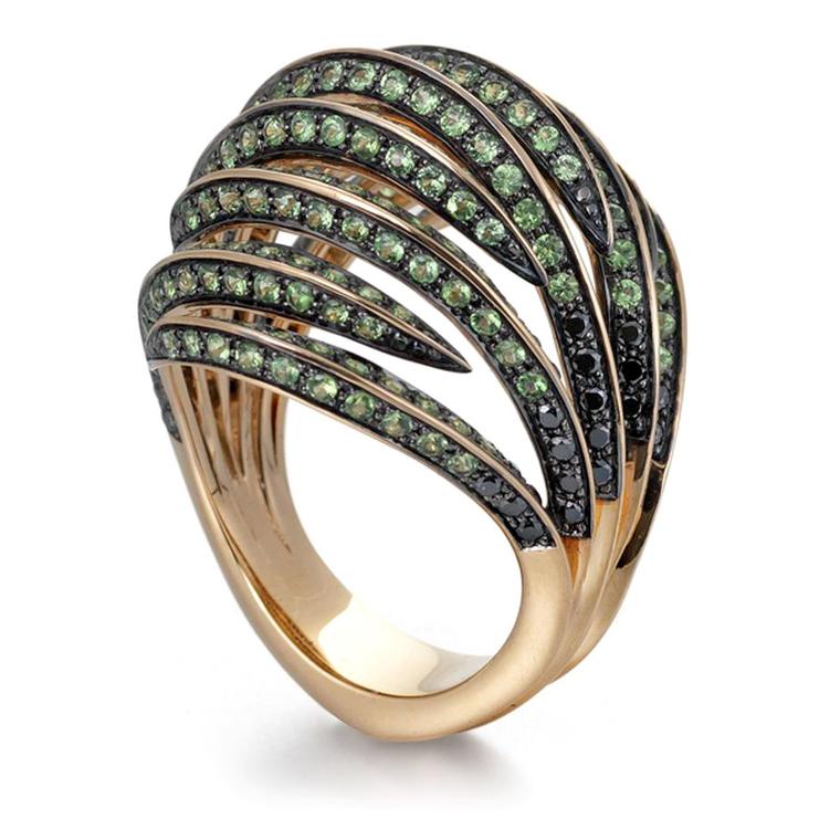 Venus Fly Bombay Ring.  Travosrite, black diamonds, 18ct rose gold by Tomasz Donocik. Price from £5,200