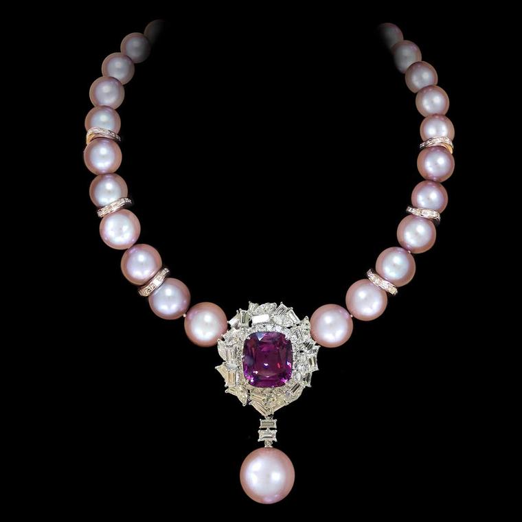 Margot McKinney natural pink pearl, Burmese spinel and diamond necklace