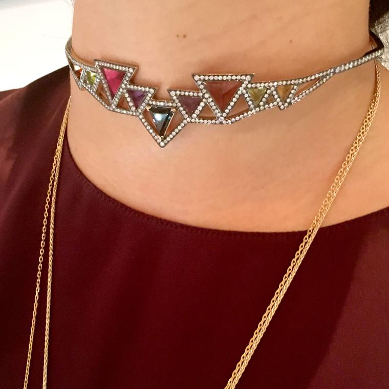 Sri Yantra choker with triangular cut coloured gemstones