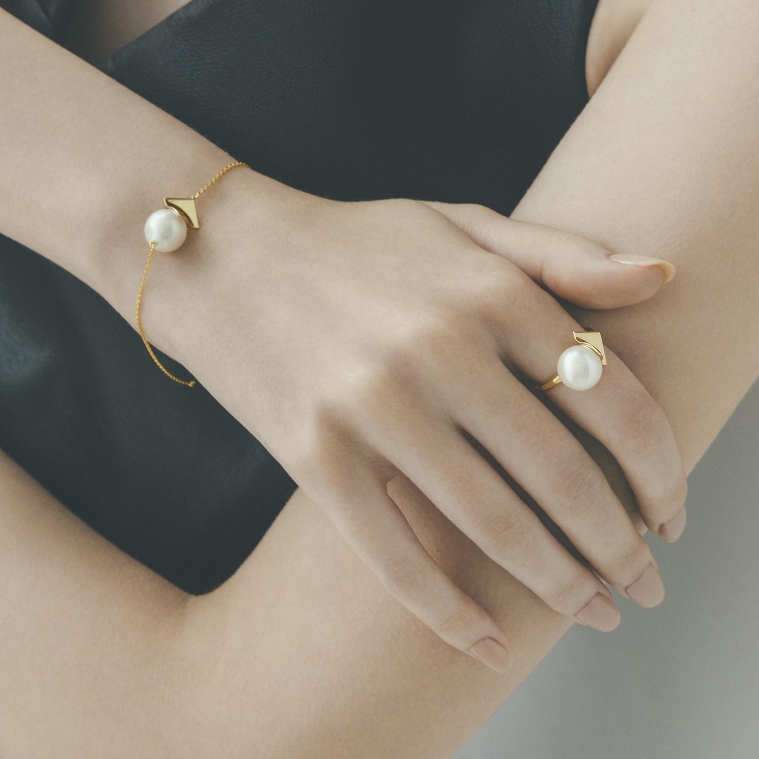 M:G Tasaki Square Leaf ring and bracelet on model