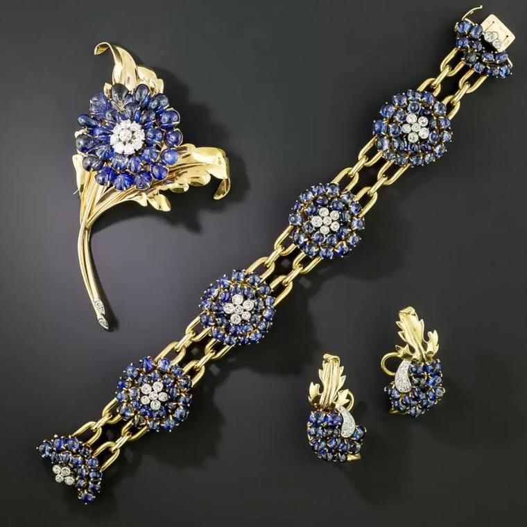 Chaulmet sapphire pin, bracelet and earrings suite sold by Lang Antiques