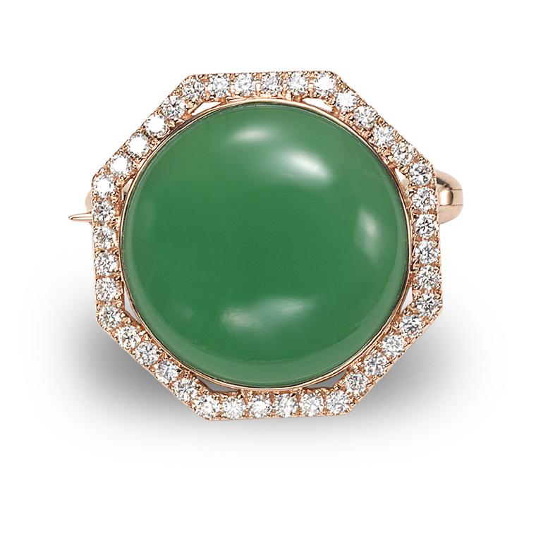 Octium Sun collection rose gold octagon diamond brooch with green chalcedony