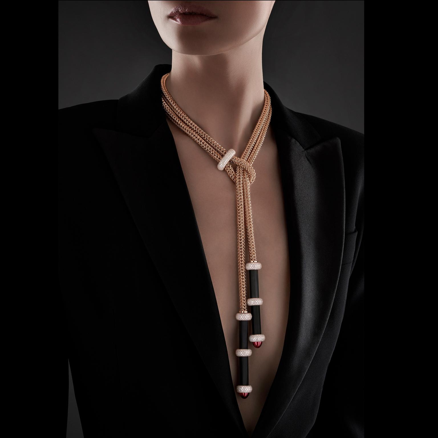 Discoveries in the Darkness Velvet Tie Chain necklace by Pomellato on model