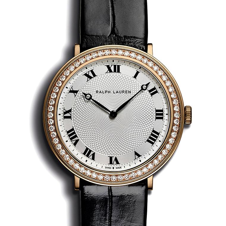 Ralph Lauren Slim Classique in rose gold, set with a row of diamonds around the bezel