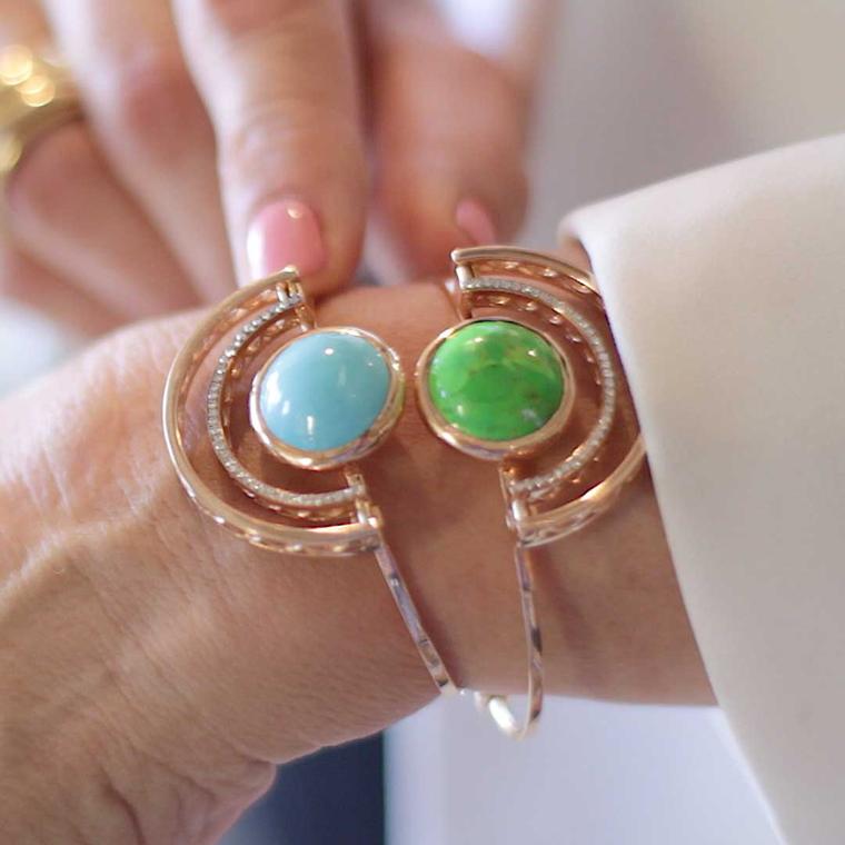Selim Mouzannar Sunset cuffs in pink gold with blue and green turquoise and diamonds
