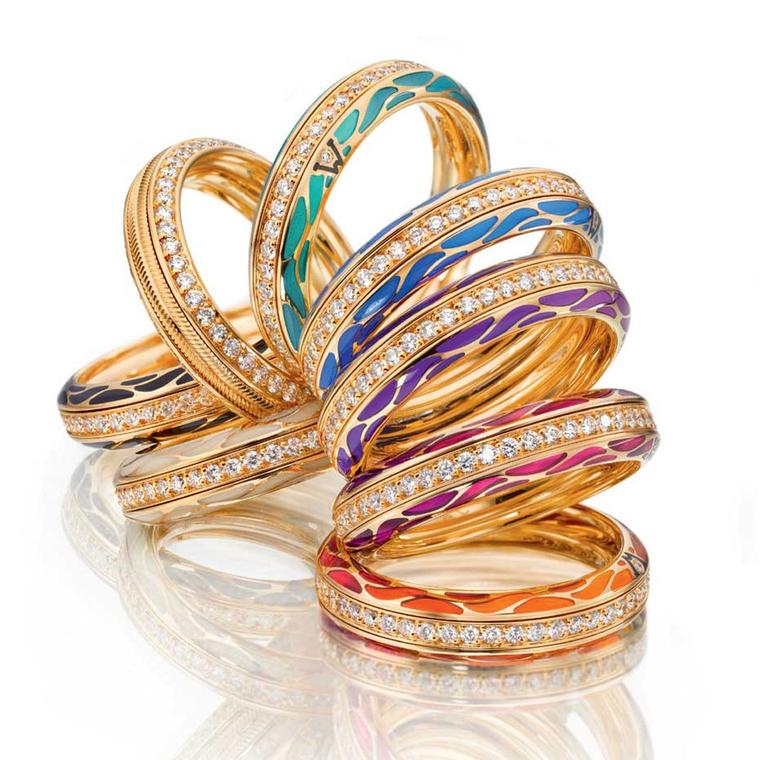 Wellendorff Genuine Delight gold rings with diamonds and coloured enamel.
