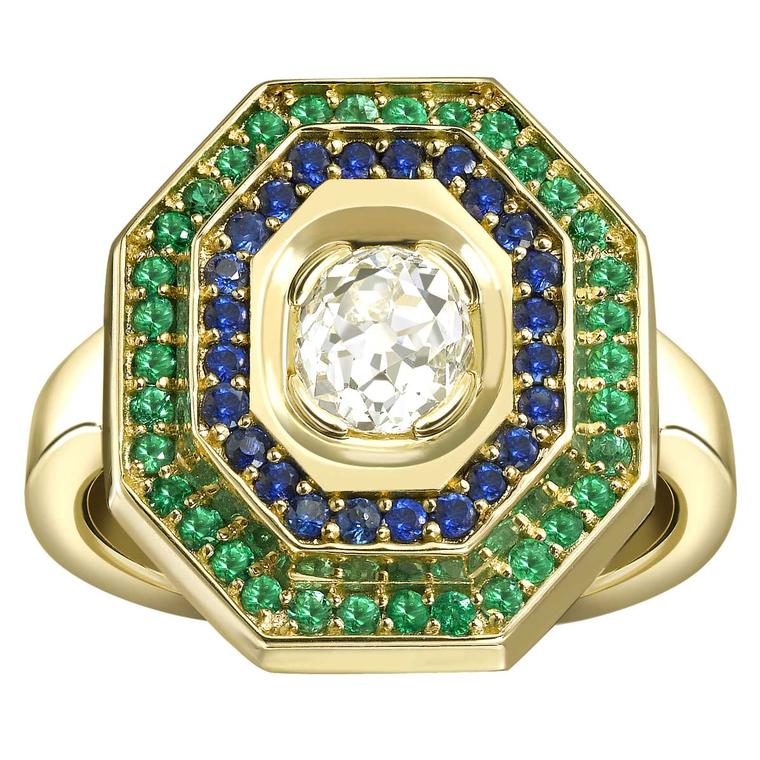 Bespoke Hattie Rickards diamond, sapphire and emerald engagement ring