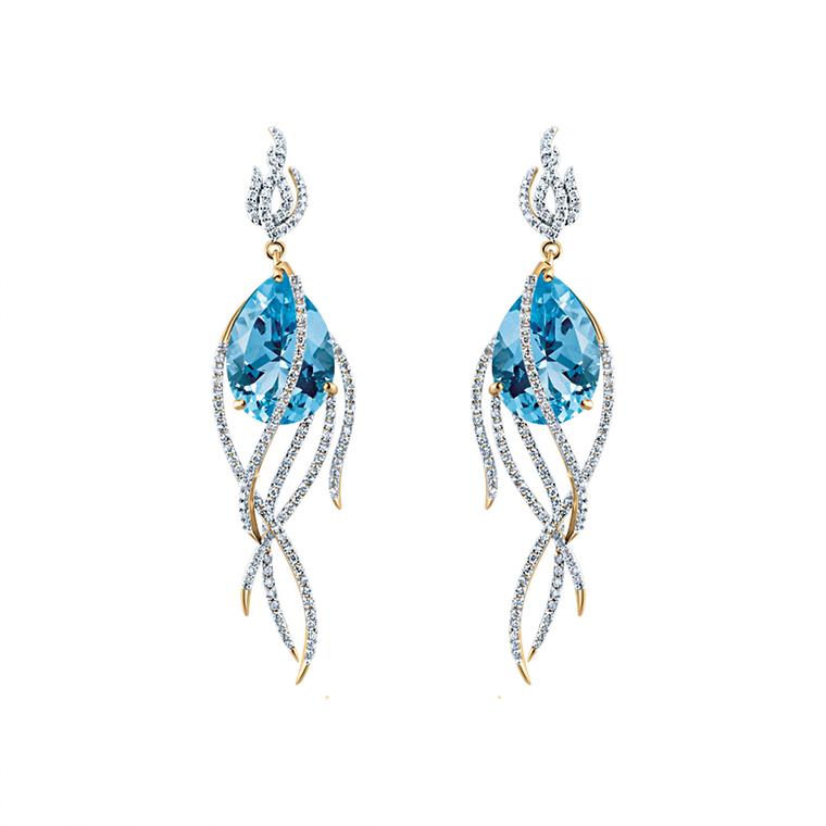 Galaxy Comet blue topaz earrings with diamonds