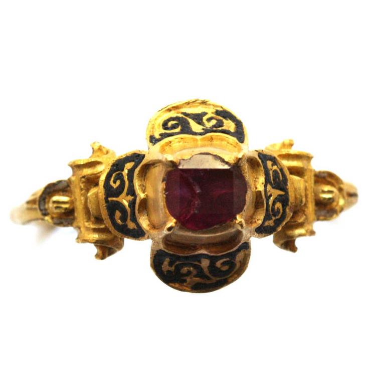 Kunsthandel Inez Stodel Elizabethan gold, enamel and ruby ring
