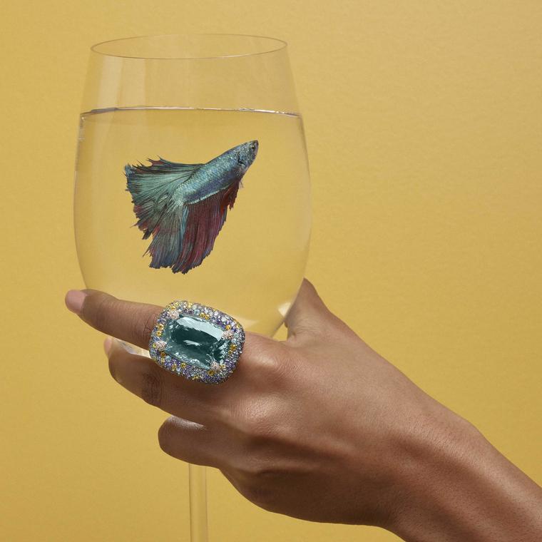 Margot McKinney Aquamarine and Paraiba tourmaline Cocktail Ring 