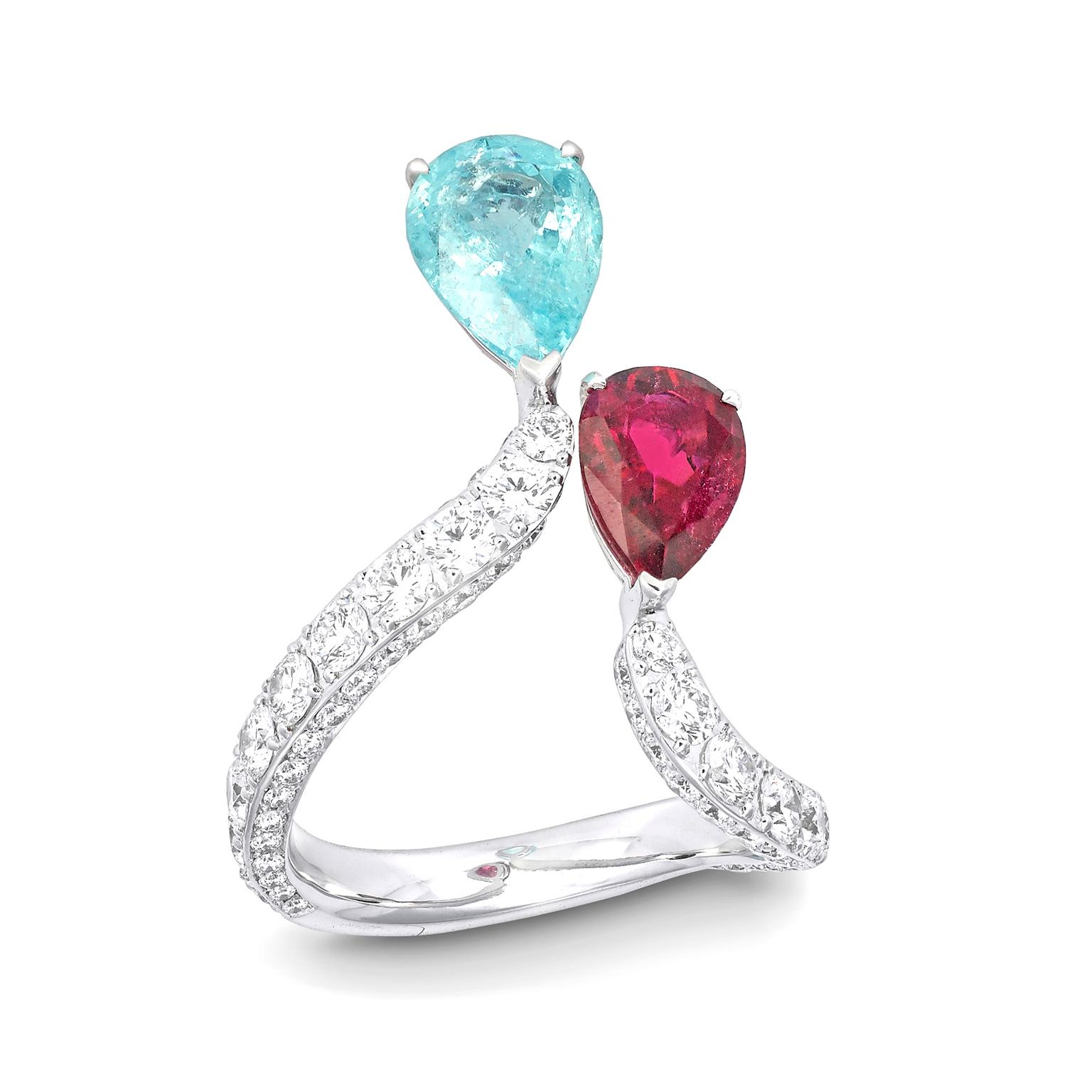 VanLeles Toi et Moi Paraiba tourmaline and rubellite ring