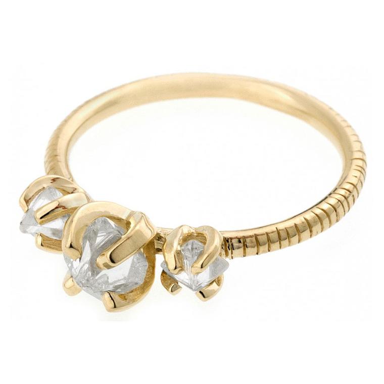 Bario Neal custom textured three stone ring with rough diamonds