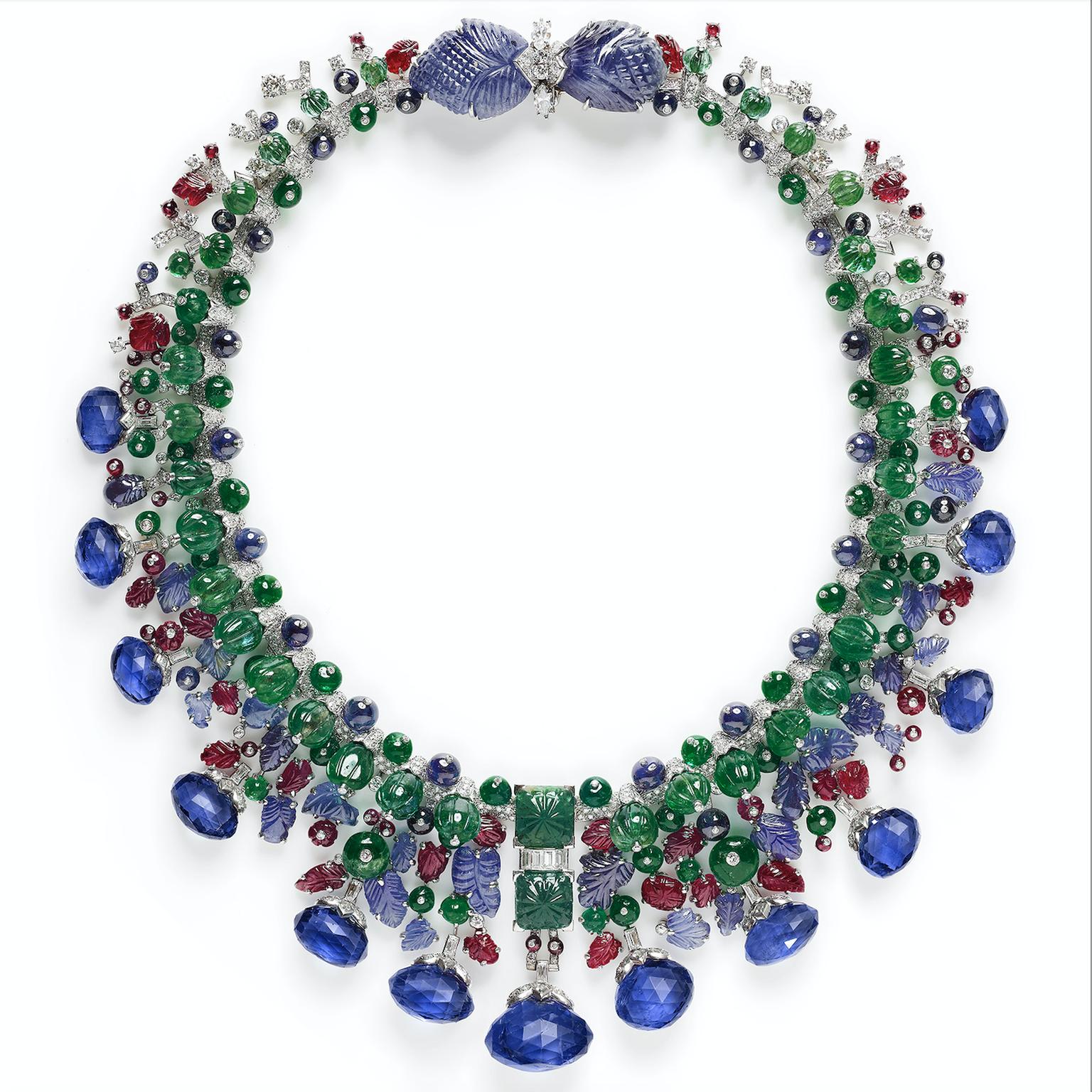 Cartier Hindu Necklace 1936 -altered 1963 - carved emeralds-rubies-sapphires-diamonds floral motifs