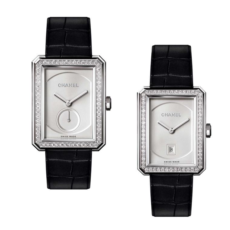 CHANEL BOY∙FRIEND watch Small model diamond-set bezel white dial black  leather strap 27.9 x 21.5 mm