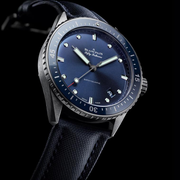 Fifty Fathoms Bathyscaphe watch with a blue dial