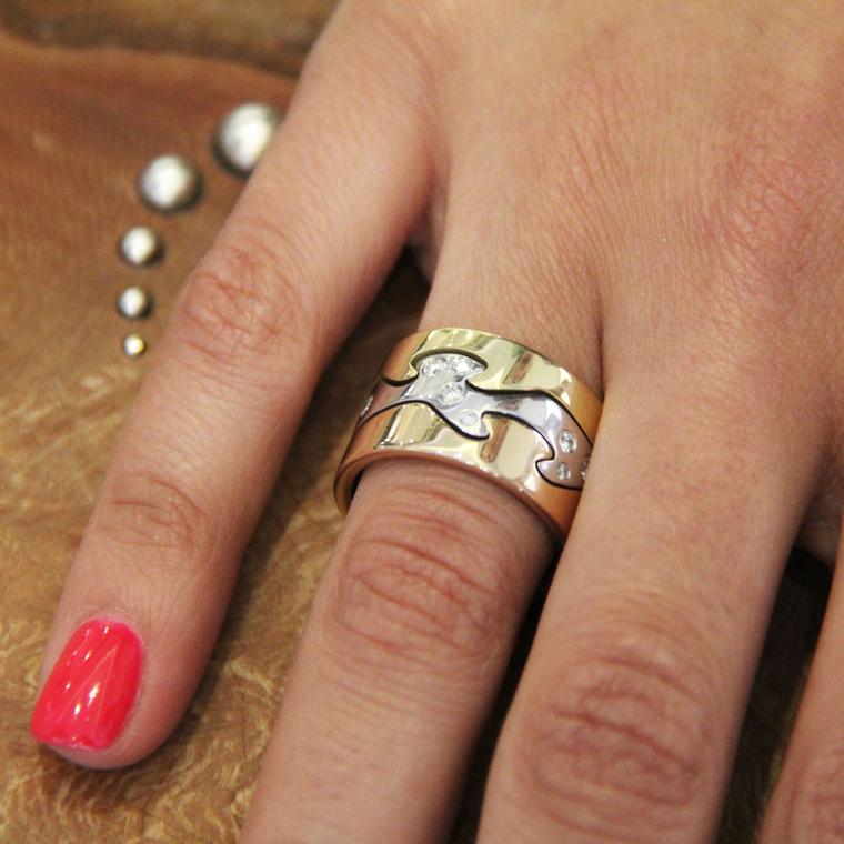 Fusion white and yellow gold ring stack with diamonds