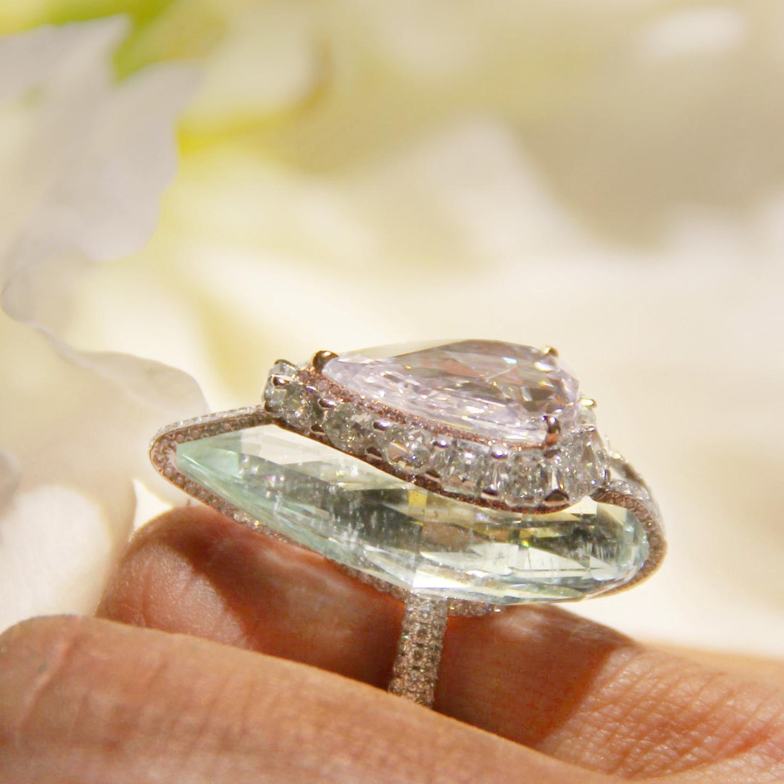 Boghossian pink diamond and beryl kissing ring