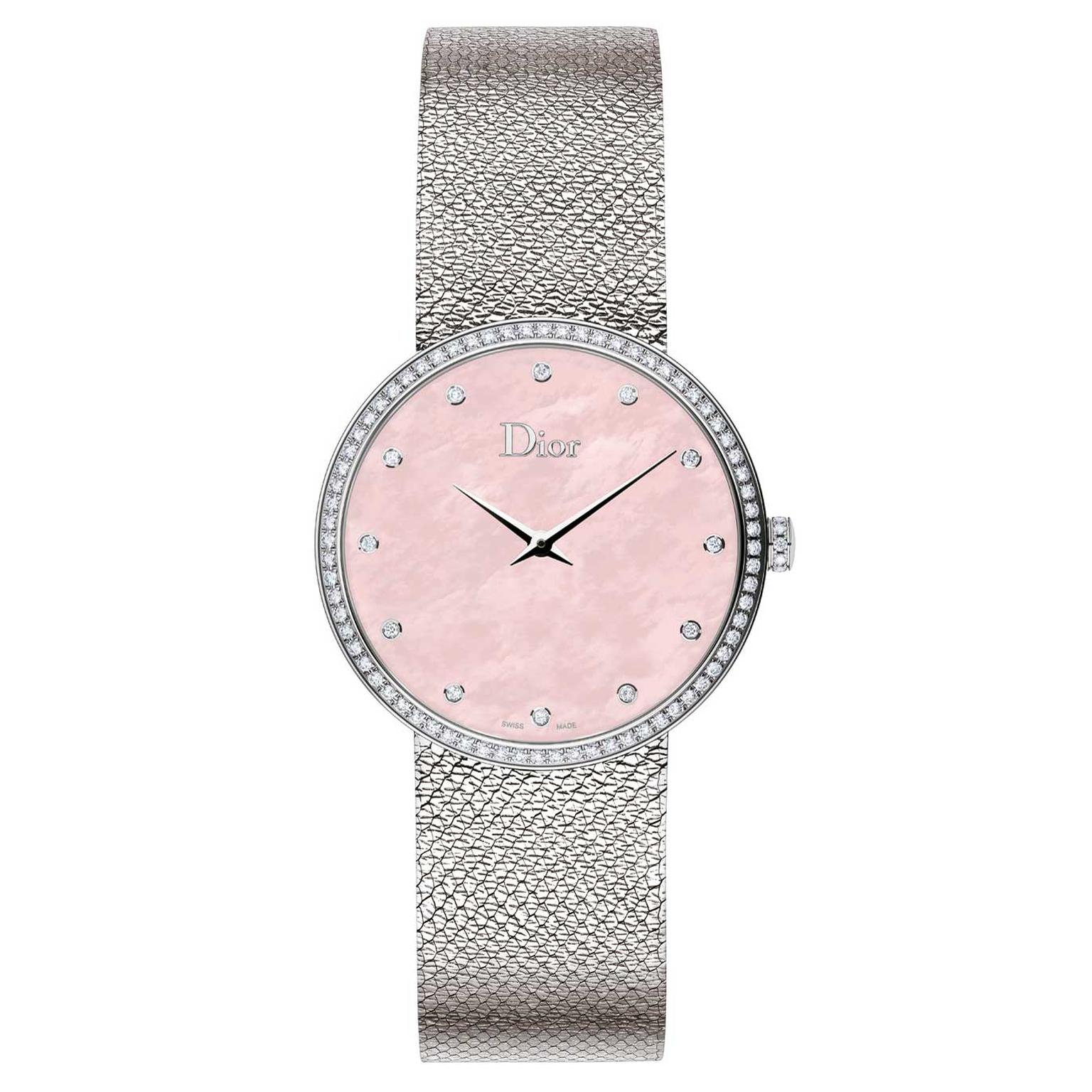 La D de Dior Satine watch with a pink mother-of-pearl dial and diamonds
