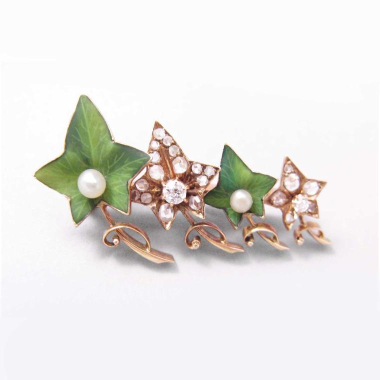 Jennifer Lynn Victorian gold and diamond Ivy brooch with pearl accents