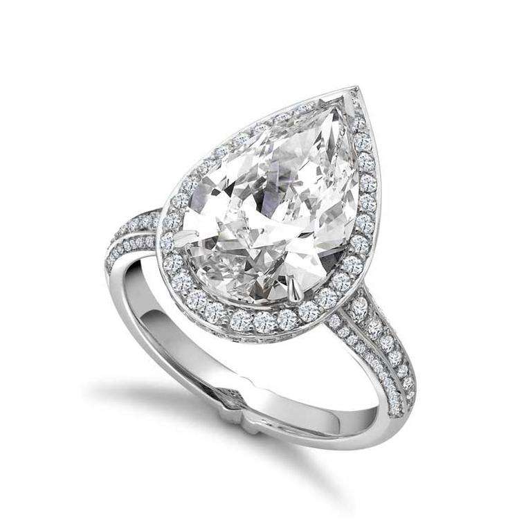 David Marshall vintage-style pearl-shaped diamond engagement ring