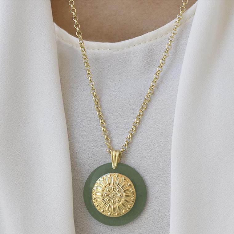 Aventurine with gold blossom rosette motif pendant by Lalaounis