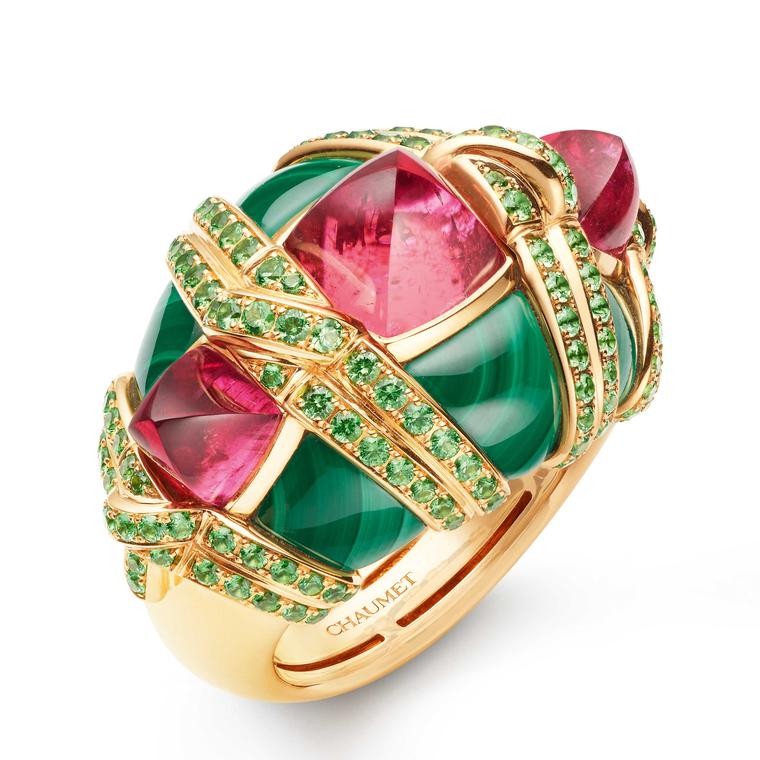 Les Mondes de Chaumet  Talismania rubellite, malachite and tsavorite garnet ring