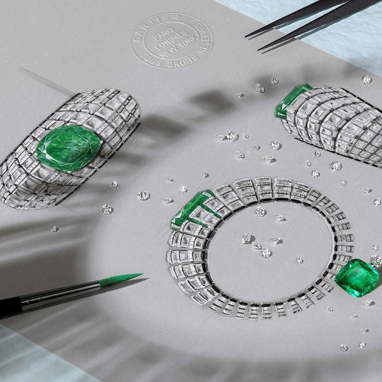 Cartier Étourdissant Clarté diamond and emerald bracelet sketch