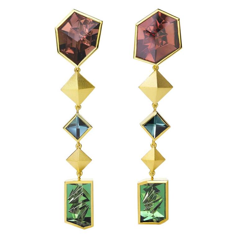 Munsteiner Extensions earrings set with six tourmalines in yellow gold.