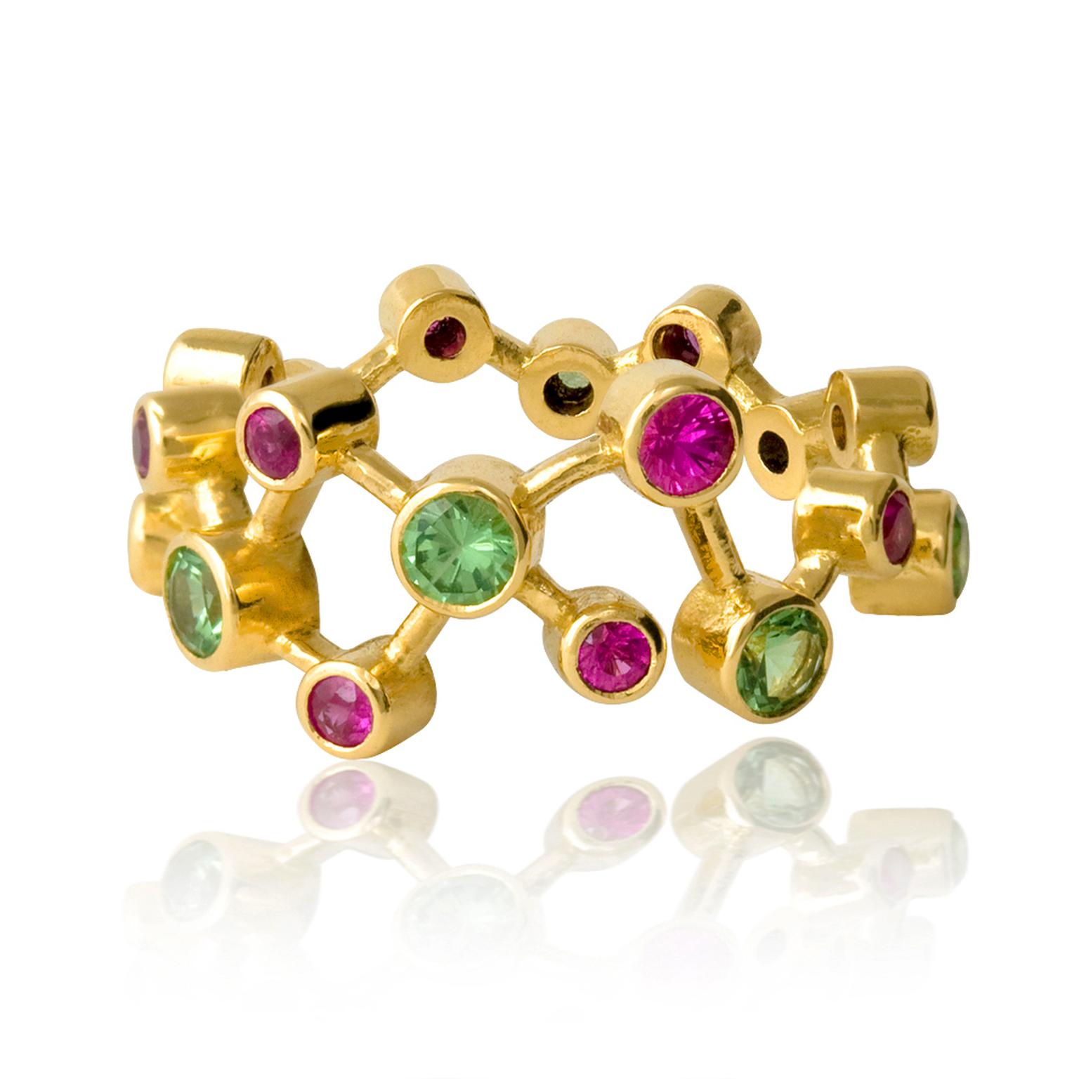 Alexander Davis Dendritic yellow gold ring with pink sapphire and tsavorites