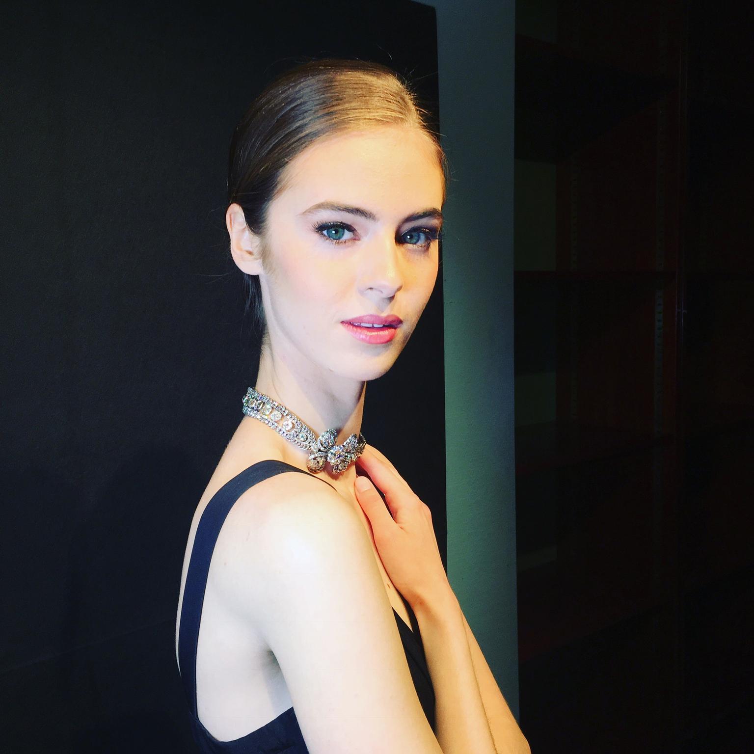 Model wearing Sotheby's Antique diamond necklace