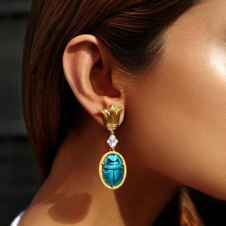 Featherstone Design Scarab diamond and turquoise earrings