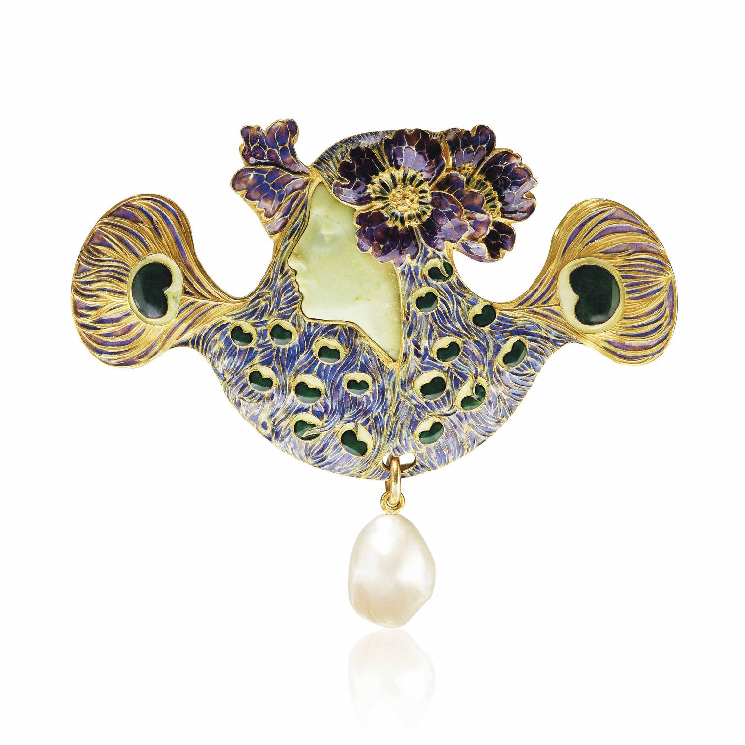 Art nouveau enamel chrysoprase and pearl brooch Rene Lalique Christies