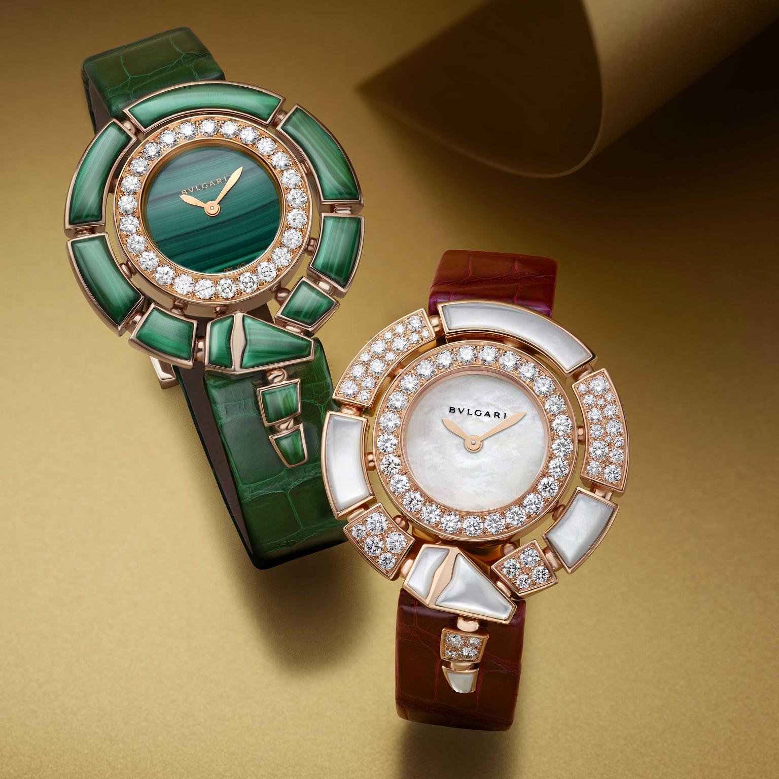 Two Serpenti Incantati watches malachite and mother of pearl