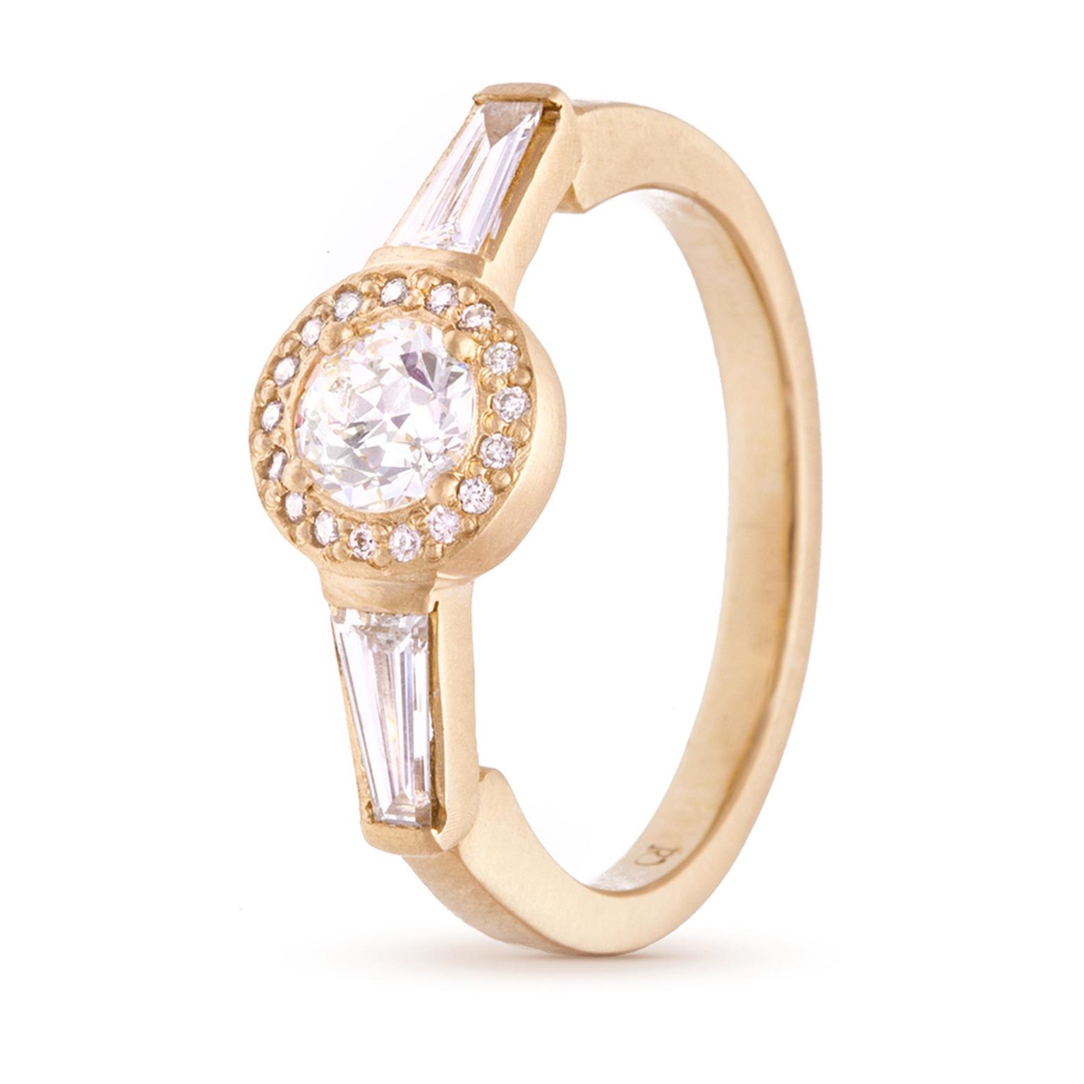 Rebecca Overmann diamond halo vintage-style engagement ring