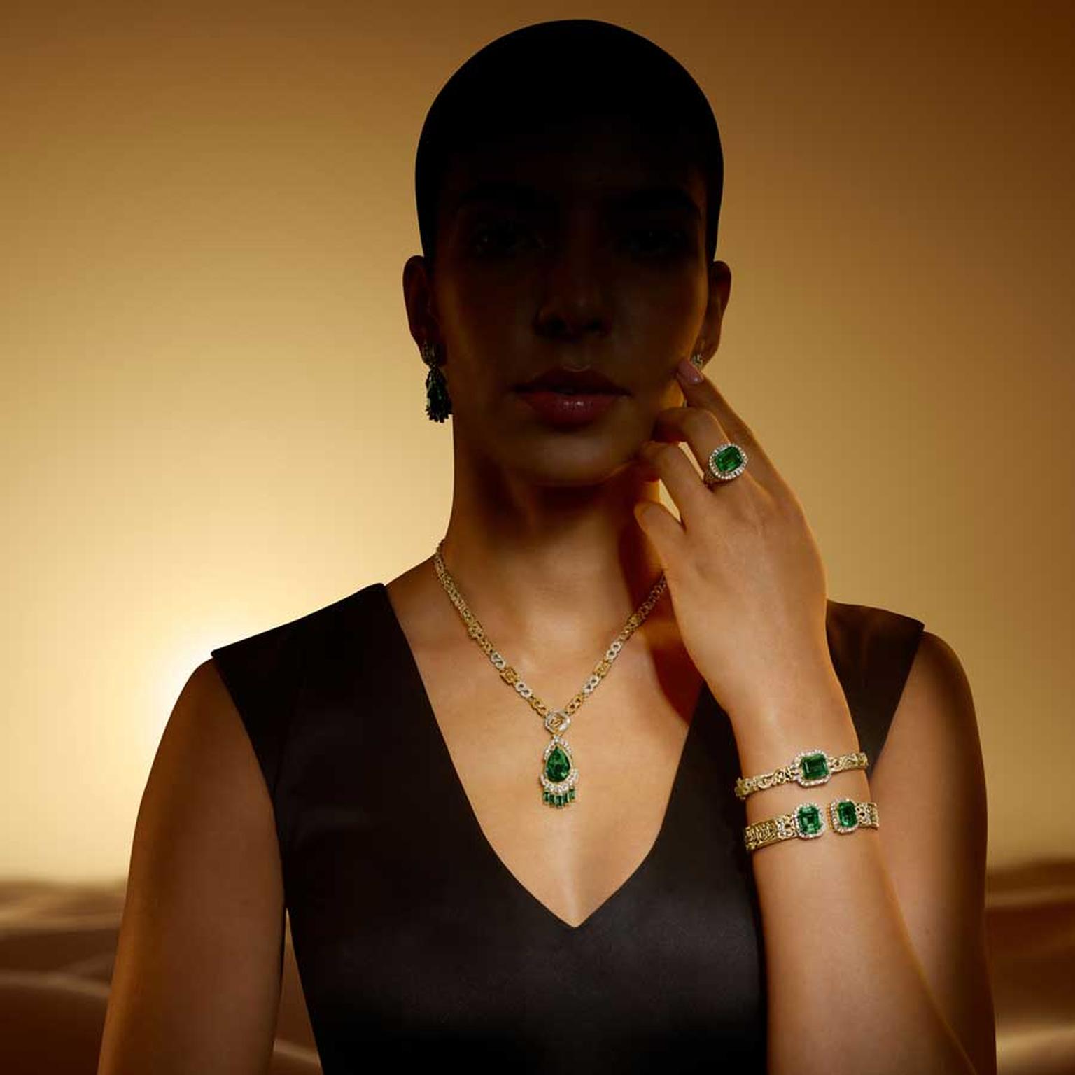 Azza Fahmy Enchanted Art Deco necklace, bracelet and ring on model high jewellery 2025