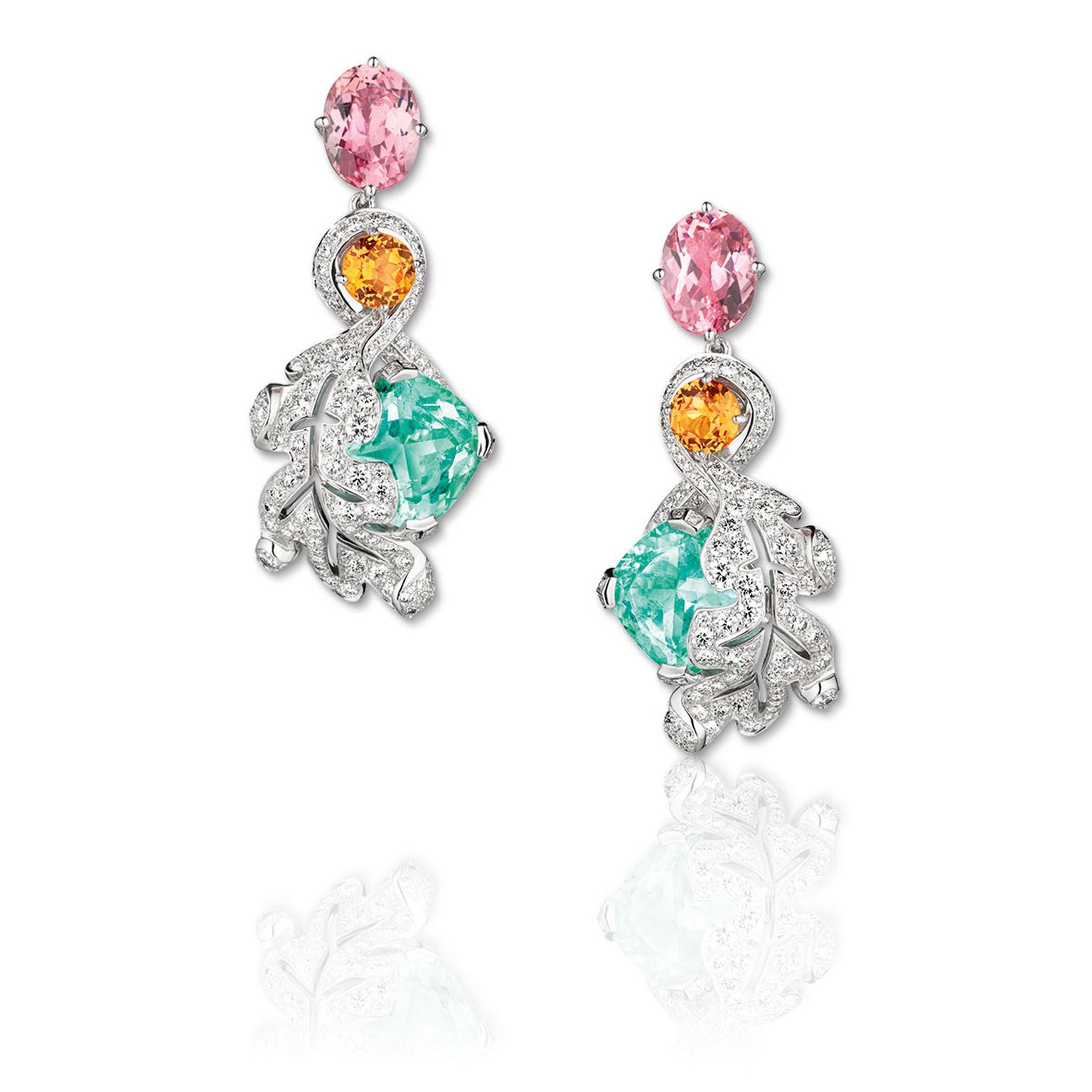 La Nature de Chaumet Promesse de L’Aube Oak earrings in white gold, set with Paraiba tourmalines, pink tourmalines, garnets and diamonds