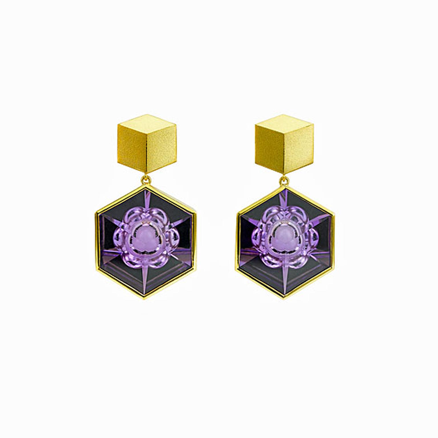 Atelier Munsteiner hexagonal relief carved amethyst earrings