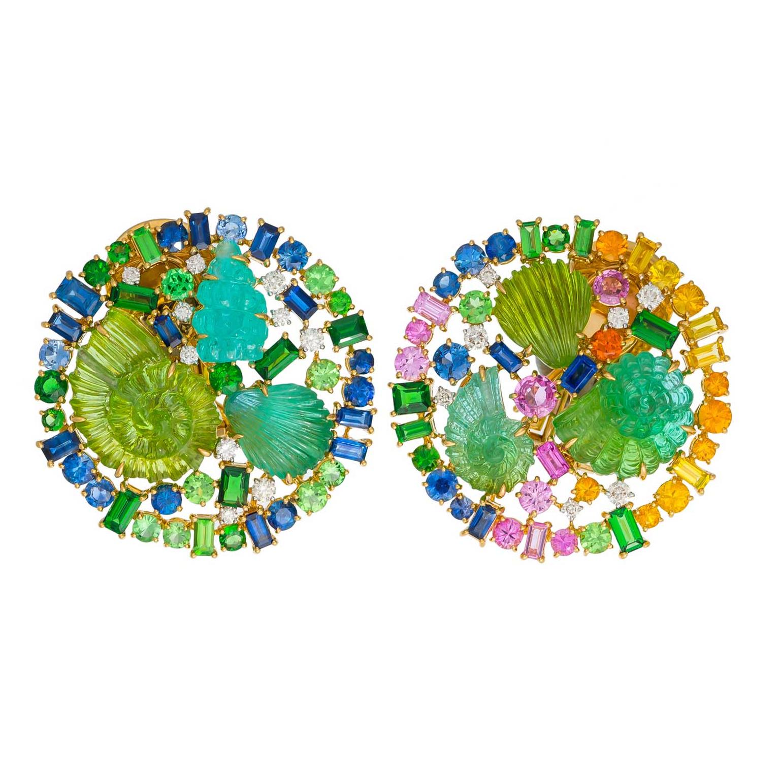 Margot McKinney Tree of Life earrings featuring carved tourmalines accented with multi-coloured sapphires and tsavorites